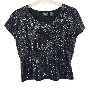 VTG Christina Rotelli Black Sequin Top Blouse Cropped NYE Party XL Holiday Glam
